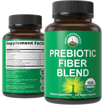 USDA Organic 3-in-1 Prebiotic Fiber - Vegan Capsules for Gut, Digestive Health. Raw Whole Food Plant Based Prebiotics Pills Supplement with Inulin (Jerusalem Artichoke), Acacia Fibers, SunFiber