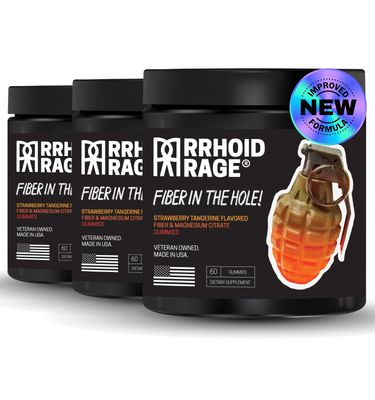 Rrhoid Rage - Fiber and Magnesium Gummies, Supports Digestive Health, Relieves Constipation, Helps Prevent Hemorrhoids, Has Both Soluble and Insoluble Fiber, Made in USA, 60 ct (3)