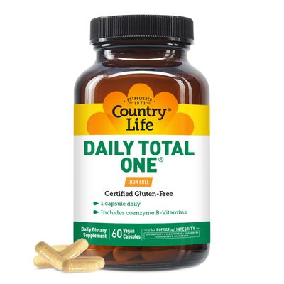 Country Life Daily Total One Multivitamin, Iron Free Once a Day Multivitamin &amp; Multimineral Complex, Vitamins A, C, D, Including Coenzyme B-Vitamins, Supports Energy Metabolism, 60 Vegan Capsules