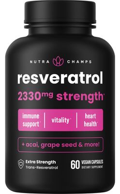 Resveratrol Supplement | Extra Strength Formula for Healthy Aging, Immune Support &amp; Heart Health | 60 Vegan Capsules with Trans-Resveratrol, Green Tea Leaf, Acai Berry &amp; Grape Seed Extract