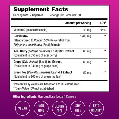 Resveratrol Supplement | Extra Strength Formula for Healthy Aging, Immune Support & Heart Health | 60 Vegan Capsules with Trans-Resveratrol, Green Tea Leaf, Acai Berry & Grape Seed Extract