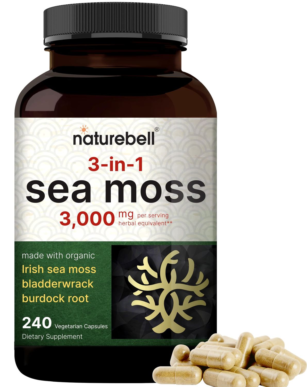Irish Sea Moss Capsules, 3,000mg Per Serving, 240 Veggie Pills | Made with Organic Raw Powder, Plus Bladderwrack &amp; Burdock Root, Sea Vegetable Complex - Immune &amp; Thyroid Superfood Support - Non-GMO