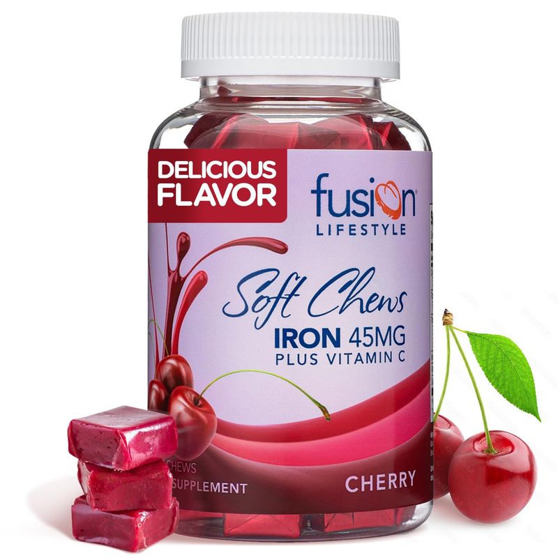 Fusion Lifestyle Chewable Iron Supplement for Women &amp; Men - Cherry Flavor, Iron Vitamin C Soft Chew for Max Absorption, Iron as Ferrous Fumarate, Ideal for Anemia and Iron Deficiency, 2 Month Supply