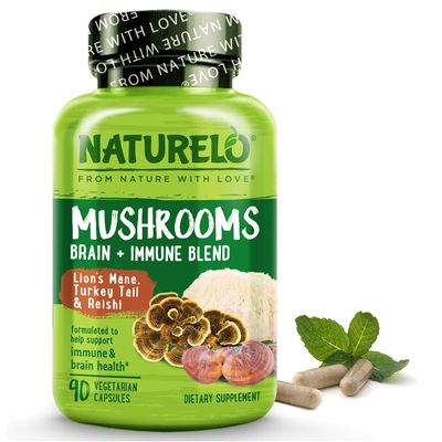 NATURELO Mushroom Supplement - Brain &amp; Immune Health Blend with Lions Mane, Reishi, Turkey Tail - 90 Vegan Friendly Capsules