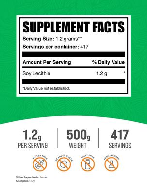 BulkSupplements.com Soy Lecithin Powder - Lecithin Supplement, Lecithin 1200mg Powder - Lecithin Powder Food Grade, Gluten Free, 1200mg per Serving, 500g (1.1 lbs) (Pack of 1)