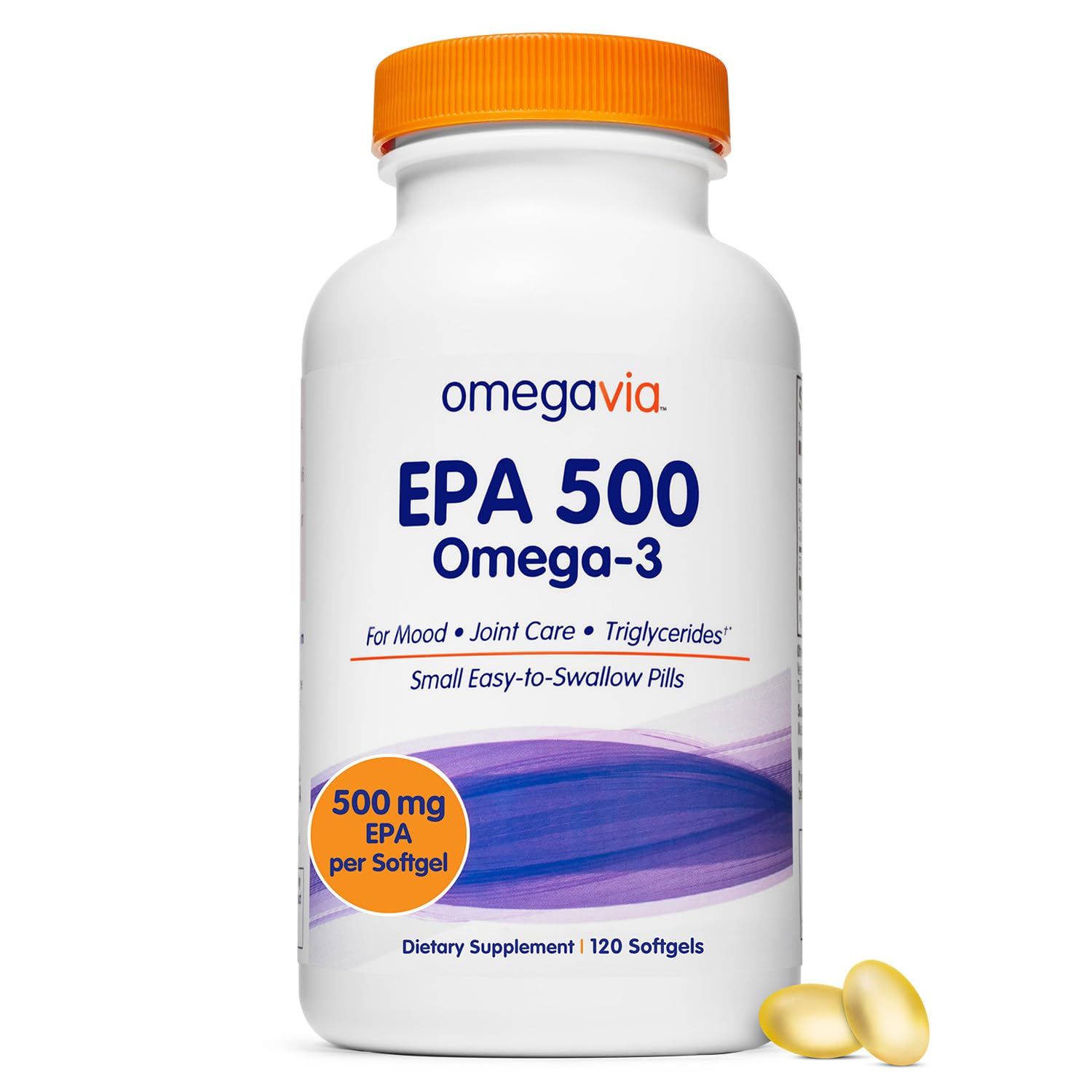 OmegaVia EPA 500, Purified Omega 3 Fish Oil Burpless Softgels, 500 mg EPA in Triglyceride Form, Unflavored Wild Fish Oil Supplements, No Fishy Burps, Non GMO and Gluten Free, IFOS 5-Star, 120 ct