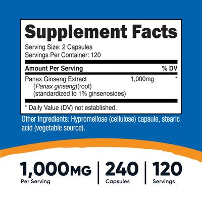 Nutricost Panax Ginseng 1000mg, 240 Capsules - Non GMO, Gluten Free, 120 Servings