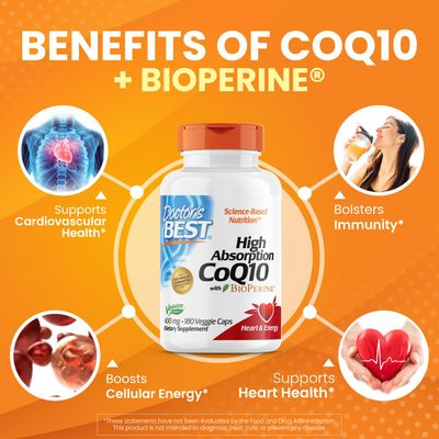 Doctor's Best High Absorption CoQ10 with BioPerine, Heart Health &amp; Energy Production, Naturally Fermented, Non-GMO, Gluten Free, Vegan, 400 mg, 180 Veggie Caps