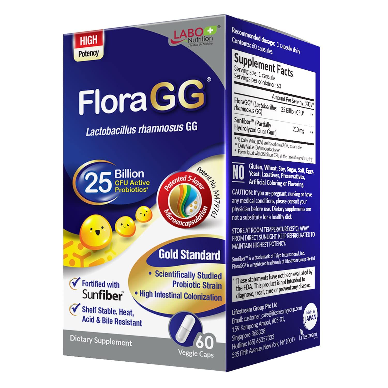 LABO Nutrition FloraGG, Lactobacillus Rhamnosus GG 25 Billion CFU Active Probiotics &amp; Sunfiber Prebiotic Fiber Supplement, Support Healthy Intestinal, Immune Health| Delayed Release &amp; Gluten Free 60s
