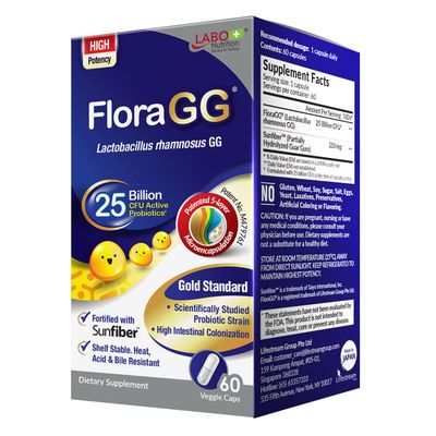 LABO Nutrition FloraGG, Lactobacillus Rhamnosus GG 25 Billion CFU Active Probiotics &amp; Sunfiber Prebiotic Fiber Supplement, Support Healthy Intestinal, Immune Health| Delayed Release &amp; Gluten Free 60s