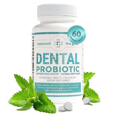 Replenish the Good Dental Probiotic, 60 Sugar Free Chewable Tablets, Mint Flavor - Vegan Supplements w/BLIS K12 &amp; M18 - Boosts Oral Health - Fights Bad Breath (Halitosis), Tooth Decay, Strep Throat