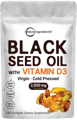 Micro Ingredients Black Seed Oil 2000 mg with Vitamin D3 1000 IU, 240 Softgels | Cold Pressed - Nigella Sativa Pills from Egypt, Virgin Oil, Odorless, Non-GMO &amp; No Gluten