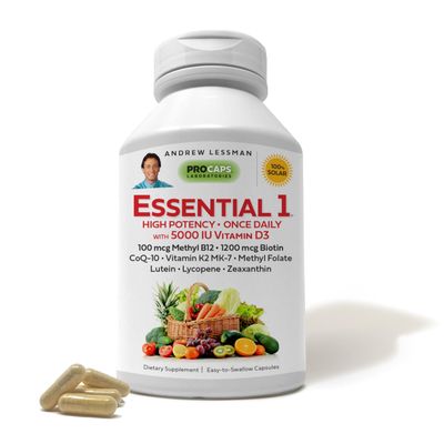 ANDREW LESSMAN Essential-1 Multivitamin 5000 IU Vitamin D3 60 Small Capsules - 100 mcg Methyl B12. CoQ10 Lutein Lycopene Zeaxanthin. High Potency. No Additives. Gentle Ultra-Mild. One Daily Capsule