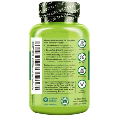 NATURELO Mushroom Supplement - Brain &amp; Immune Health Blend with Lions Mane, Reishi, Turkey Tail - 90 Vegan Friendly Capsules