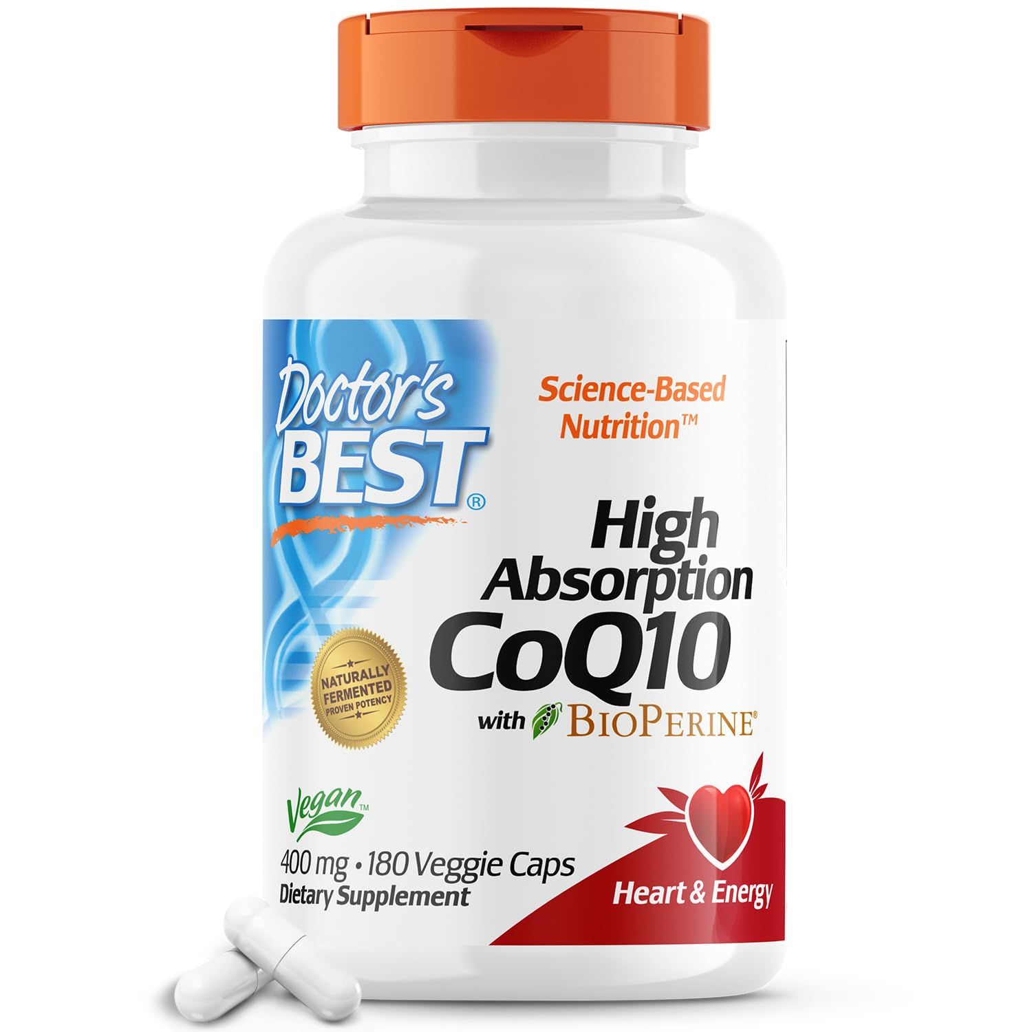 Doctor&#39;s Best High Absorption CoQ10 with BioPerine, Heart Health &amp; Energy Production, Naturally Fermented, Non-GMO, Gluten Free, Vegan, 400 mg, 180 Veggie Caps
