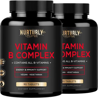 NURTURLY Vitamin B Complex - Contains All Essential B Vitamins - B1, B2, B3, B5, B6, B7, B9, B12 and Biotin - Super B Complex Vitamins for Energy, Immunity Support - 180 Tablets