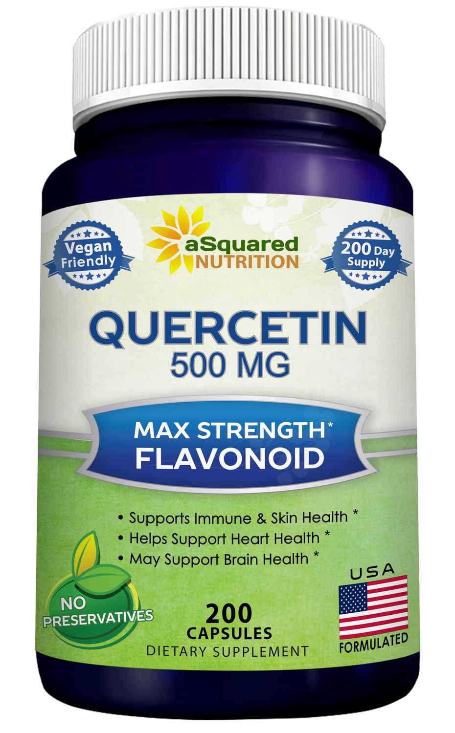 aSquared Nutrition Quercetin 500mg Supplement - 200 Capsules - Quercetin Dihydrate to Support Cardiovascular Health - Max Strength Powder Complex Pills to Help Improve Immune Response