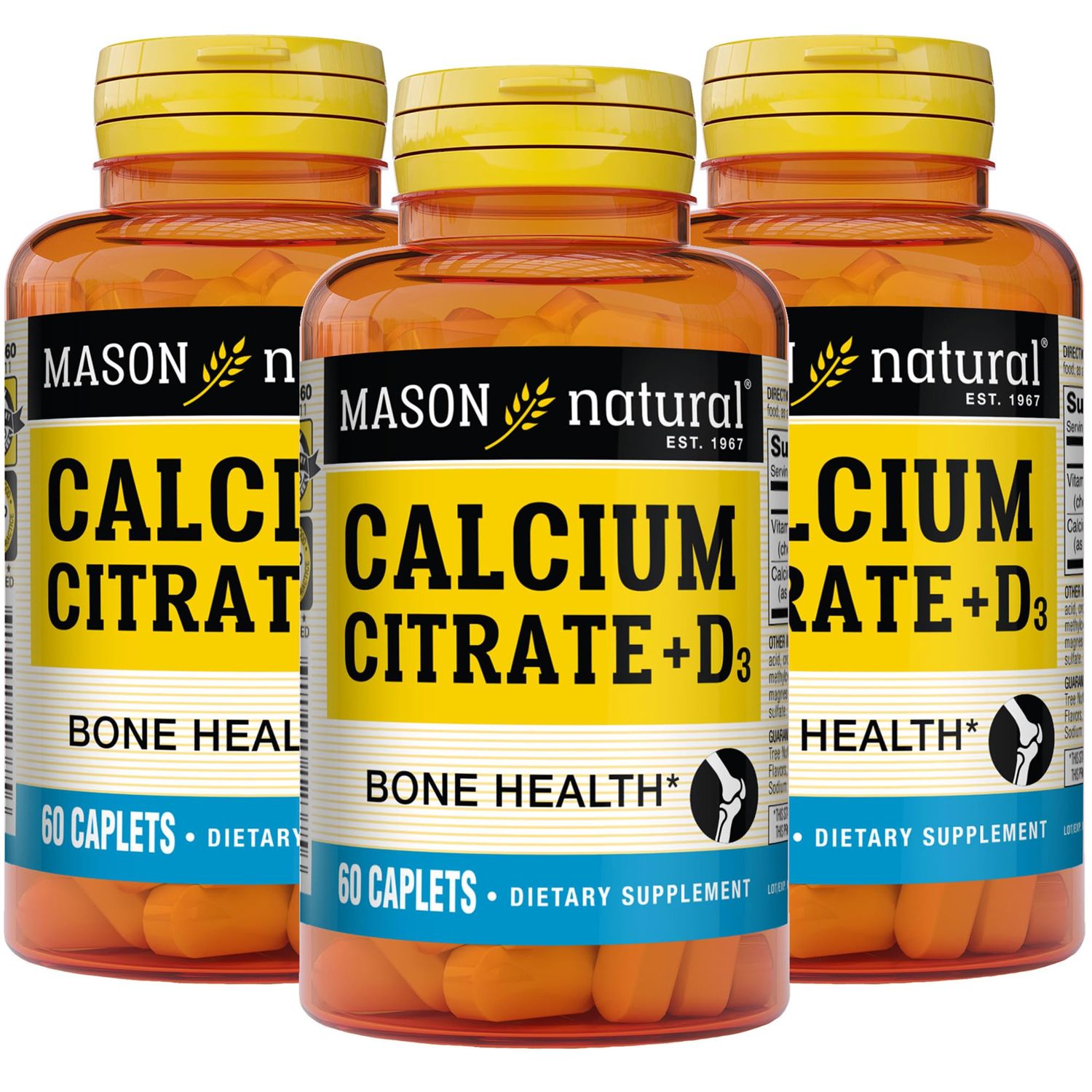 MASON NATURAL Calcium Citrate Plus Vitamin D3, 2 Month Supply, Strengthens Muscle Function &amp; Bone Health, 60 Caplets