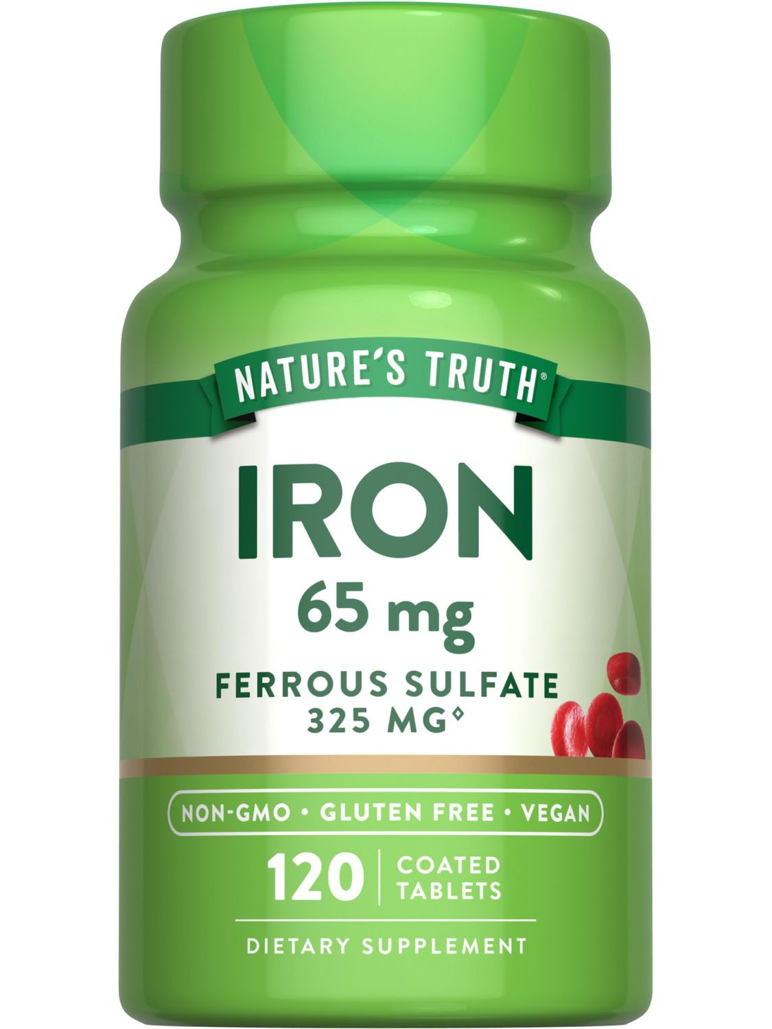 Nature&#39;s Truth Iron Supplement | 65mg | 120 Tablets | 325mg Ferrous Sulfate | Non-GMO &amp; Gluten Free Pills