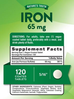 Nature's Truth Iron Supplement | 65mg | 120 Tablets | 325mg Ferrous Sulfate | Non-GMO &amp; Gluten Free Pills