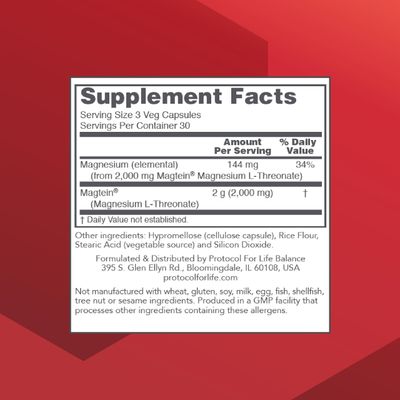 Protocol Magtein - 2,000mg Magnesium L-Threonate Magtein - Supports Brain Focus &amp; Memory Health* - Kosher &amp; Non-GMO - 90 Veg Capsules