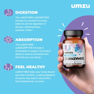 UMZU ZuEnzymes Digestive Enzymes Supplement | 21 Enzymes for Gut Health Support, Digestion &amp; Nutrient Absorption | Helps Break Down Lactose, Carbs, Proteins &amp; Fats (30 Day Supply | 30 Capsules)