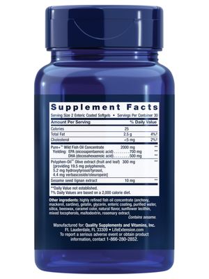 Life Extension Super Omega-3 EPA/DHA Fish Oil, Sesame Lignans & Olive Extract - Heart Health, Brain Health, Inflammation Health Support, Gluten-Free, Enteric-Coated, Non-GMO, 60 Softgels