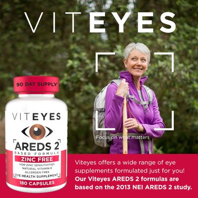 Viteyes AREDS 2 Zinc Free Macular Support, Natural Allergen Free Capsules with Vitamin E, Vitamin C, Lutein &amp; Zeaxanthin, No Zinc, No Copper, Eye Doctor Trusted, Manufactured in The USA, 180 Ct