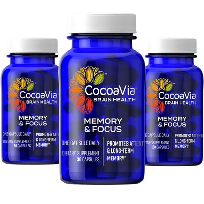 CocoaVia Memory &amp; Focus Brain Supplement, 90 Day, Cocoa Flavanol Blend, Lutein, Added Caffeine for Boost. Improve Cognitive Function, Attention, Vegan &amp; Plant Based, 90 Capsules