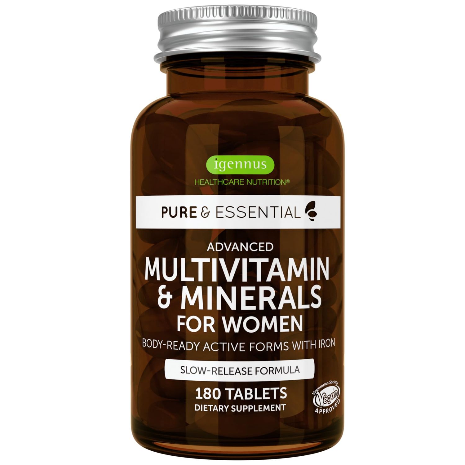 Methylated Women&#39;s Multivitamin, Methyl Folate for MTHFR, Clean Label &amp; Vegan, with Iron, Non-GMO, Sustained Release, 180 Tablets, by Igennus