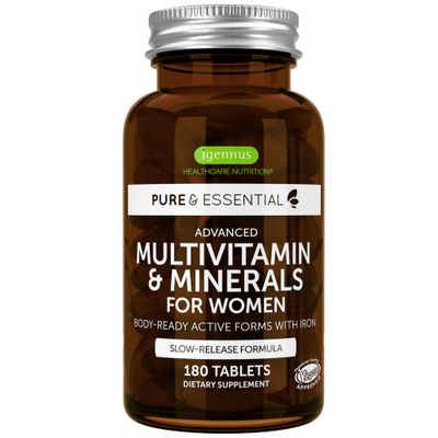 Methylated Women&#39;s Multivitamin, Methyl Folate for MTHFR, Clean Label &amp; Vegan, with Iron, Non-GMO, Sustained Release, 180 Tablets, by Igennus