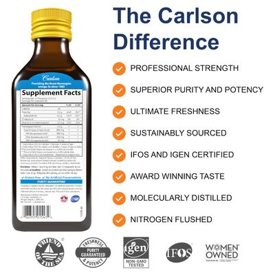 Carlson - Kid's The Very Finest Fish Oil Liquid, 800 mg Omega-3s, Norwegian, Wild-Caught Fish Oil, Omega 3 Liquid for Kids, Sustainably Sourced, Lemon, 200 ml
