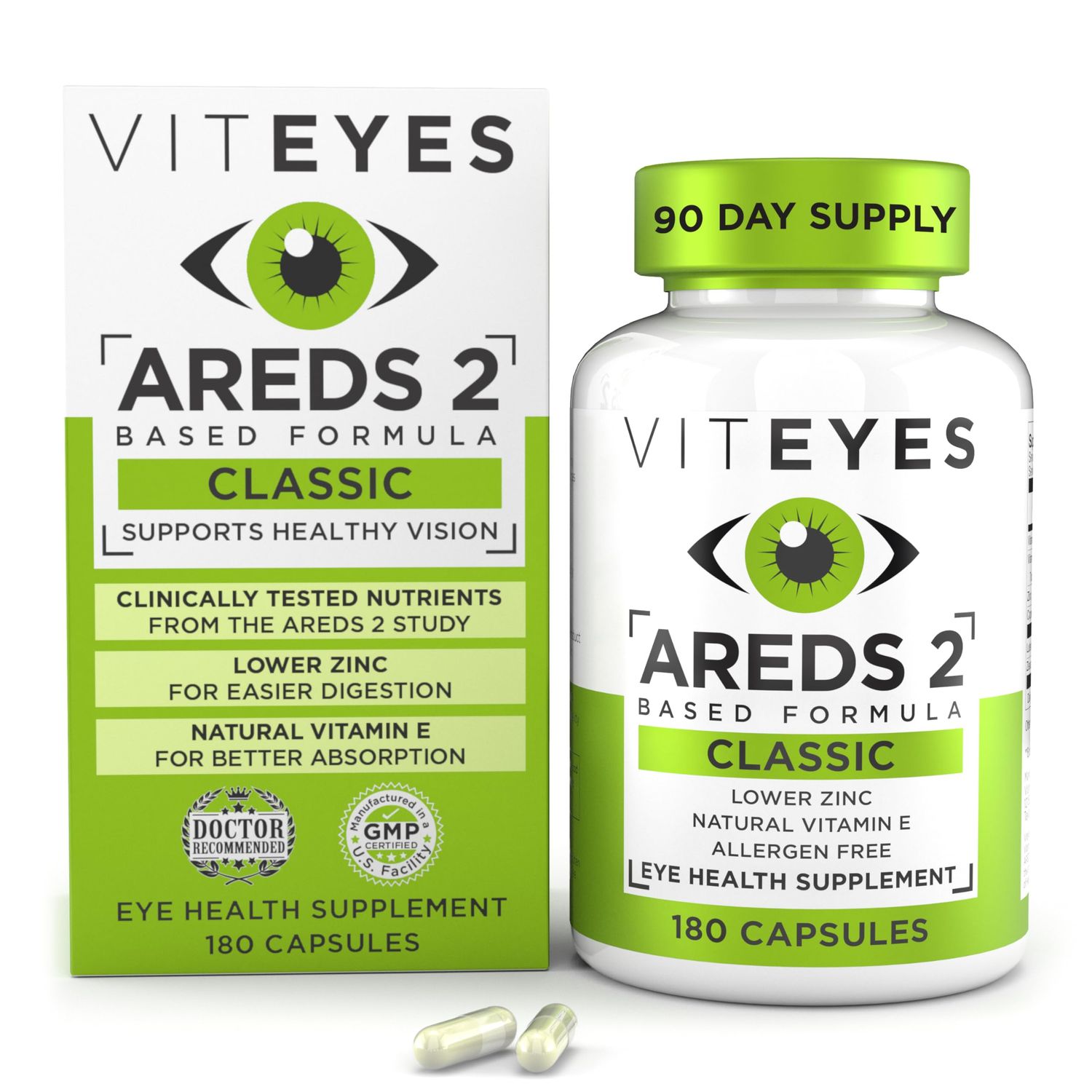 Viteyes AREDS 2 Eye Vitamins, Classic Macular Support, Allergen Free Capsules, with Natural Vitamin E, Vitamin C, Zinc, Copper, Lutein &amp; Zeaxanthin, Eye Doctor Trusted, Manufactured in The USA, 180 Ct