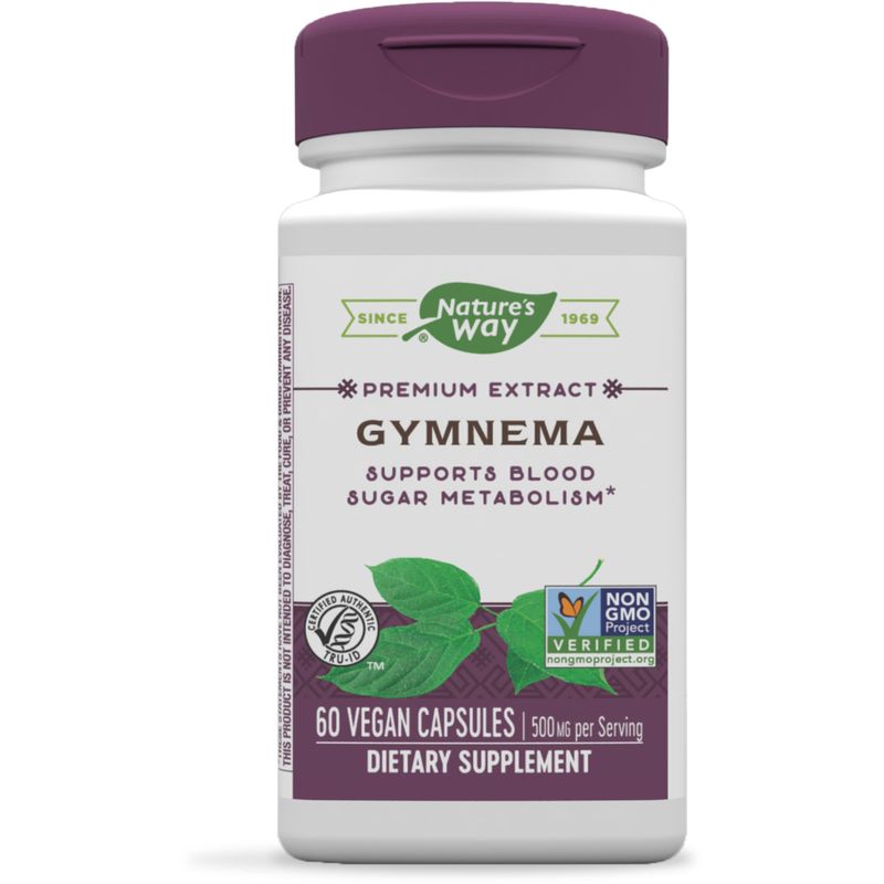 Nature's Way Gymnema Premium Extract, Supports Carbohydrate Metabolism*, 500 mg per Serving, Non-GMO Project Verified, 60 Vegan Capsules (Packaging May Vary)
