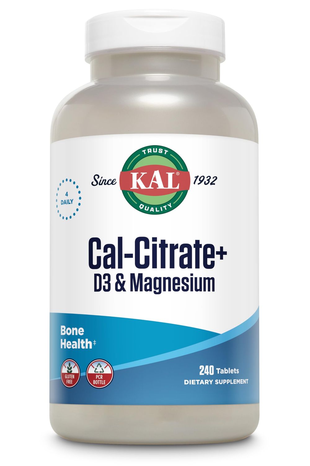 KAL Cal-Citrate+, Calcium Citrate Plus Vitamin D-3 and 500 mg of Magnesium, Healthy Bones and Teeth Support, Gluten Free and Lab Verified for Quality, 60 Servings, 240 Tablets