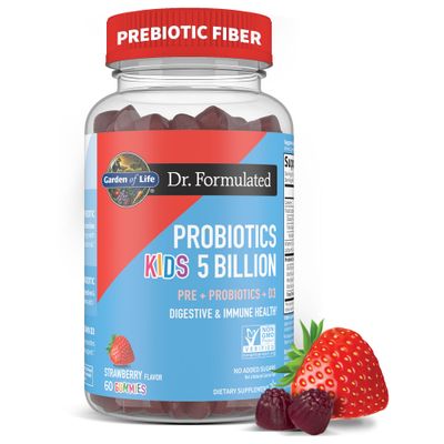 Garden of Life Dr Formulated 5 Billion CFU Prebiotic Fiber, Probiotic and Vitamin D3 Gummies for Kids Digestive &amp; Immune Health - Gluten Free, Non GMO, No Added Sugars, Strawberry Flavor, 60 Gummies