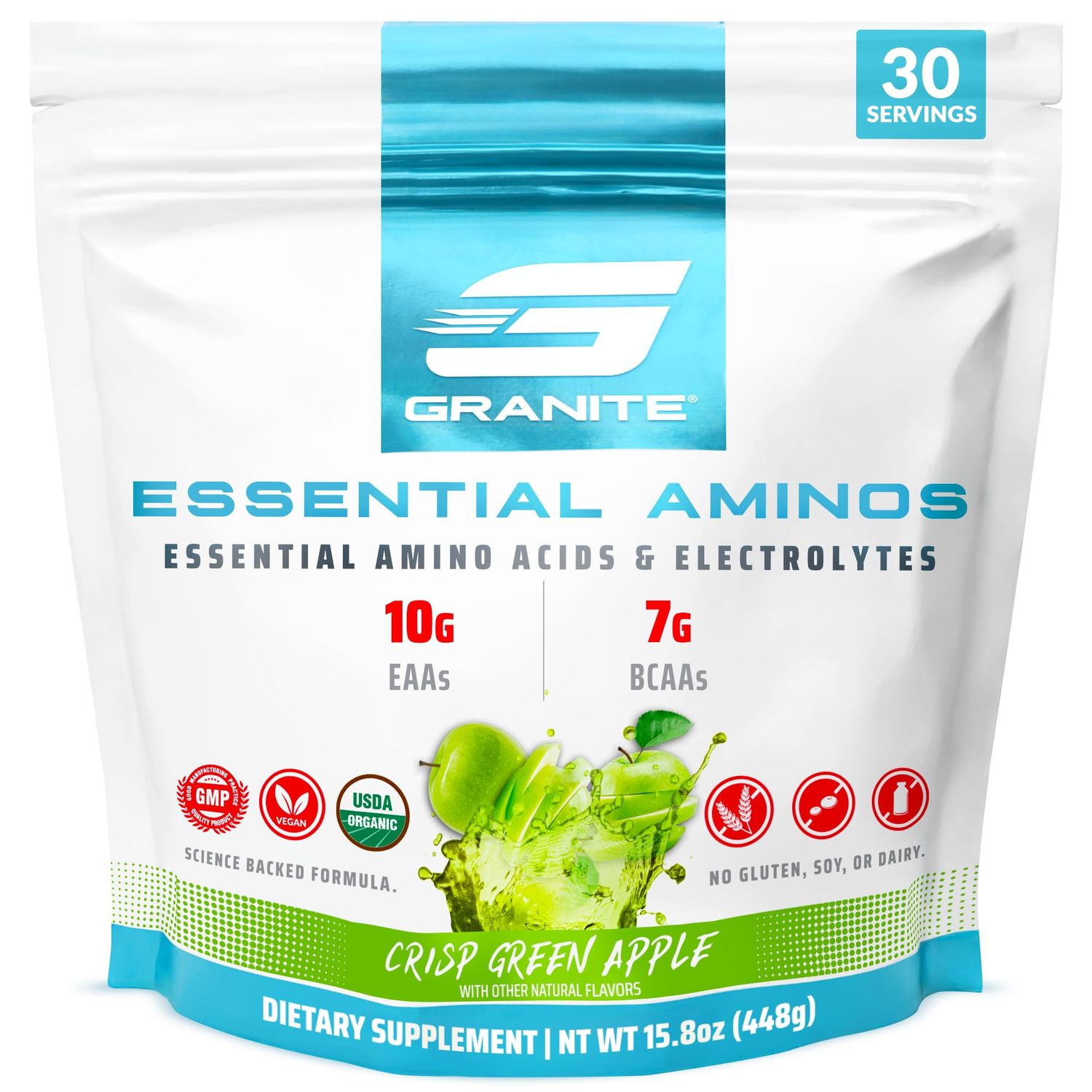 Granite 10g Essential Amino Acids Powder | Muscle Recovery Supplement for Muscle Growth | 7g BCAA Powder with Electrolytes | 30 Servings | Green Apple Flavor | Soy &amp; Gluten Free | Made in USA