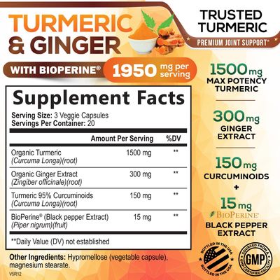 Turmeric Curcumin Supplement 1950mg with Organic Turmeric & Ginger, 95% Curcuminoids, BioPerine Black Pepper for Best Absorption, Nature's Vegan Joint Support, Non-GMO, Bottled in USA - 60 Capsules