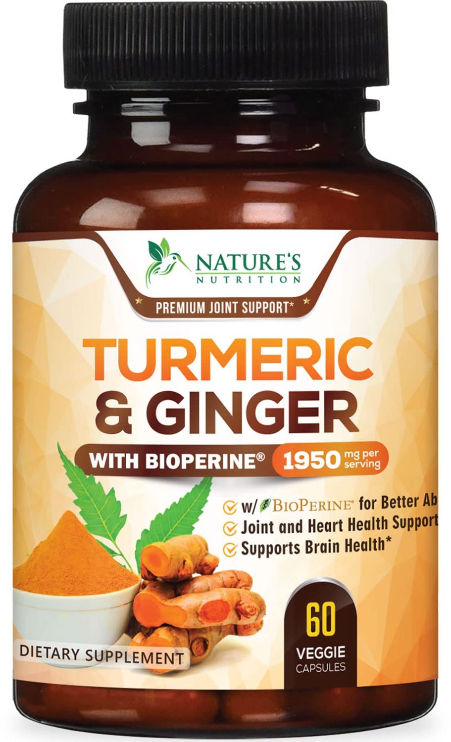 Turmeric Curcumin Supplement 1950mg with Organic Turmeric &amp; Ginger, 95% Curcuminoids, BioPerine Black Pepper for Best Absorption, Nature&#39;s Vegan Joint Support, Non-GMO, Bottled in USA - 60 Capsules