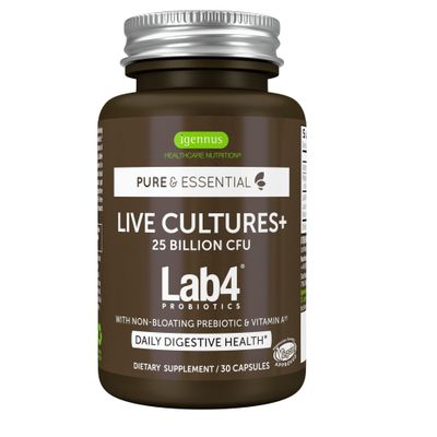 Live Cultures+ Lab4 Probiotics &amp; Prebiotic, Lactobacillus Acidophilus &amp; Bifidobacterium, Guaranteed 25 Billion CFU,Vegan, Non-Bloating Gut Health Support, Non-GMO, 30 Capsules, by Igennus