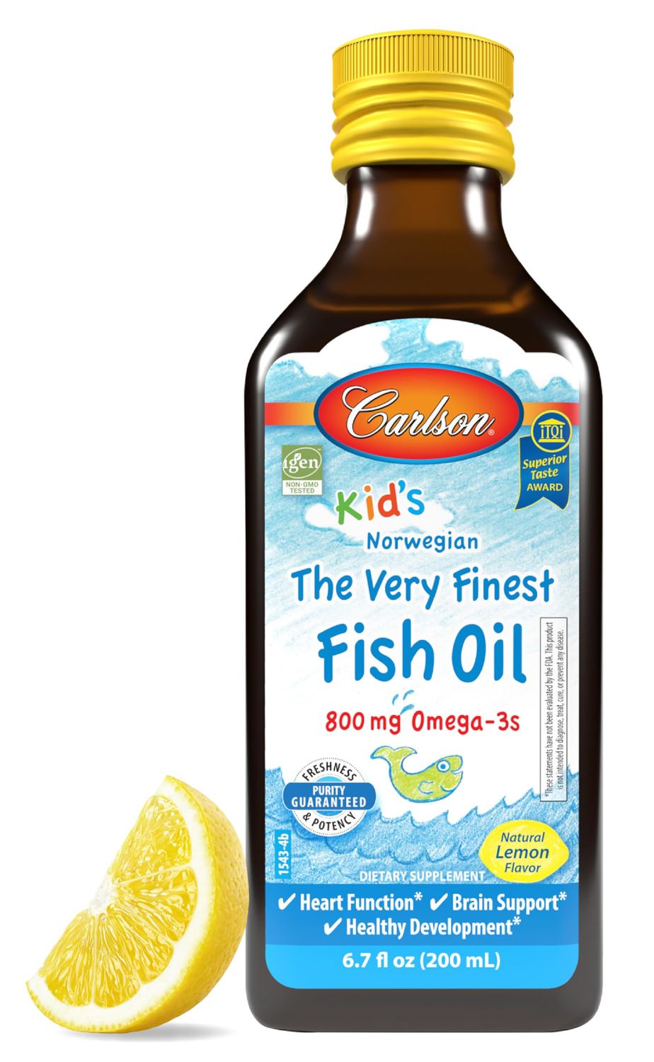 Carlson - Kid&#39;s The Very Finest Fish Oil Liquid, 800 mg Omega-3s, Norwegian, Wild-Caught Fish Oil, Omega 3 Liquid for Kids, Sustainably Sourced, Lemon, 200 ml