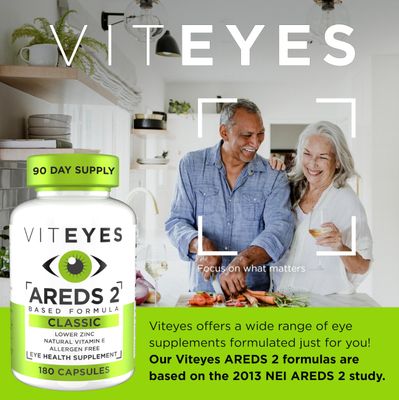 Viteyes AREDS 2 Eye Vitamins, Classic Macular Support, Allergen Free Capsules, with Natural Vitamin E, Vitamin C, Zinc, Copper, Lutein &amp; Zeaxanthin, Eye Doctor Trusted, Manufactured in The USA, 180 Ct