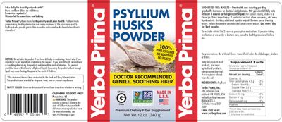 Yerba Prima Psyllium Husks Powder 12 oz - Natural Fiber Supplement - Colon Cleanser - Gut Health - Vegan, Non-GMO, Gluten-Free (New Label - Packaging May Vary)