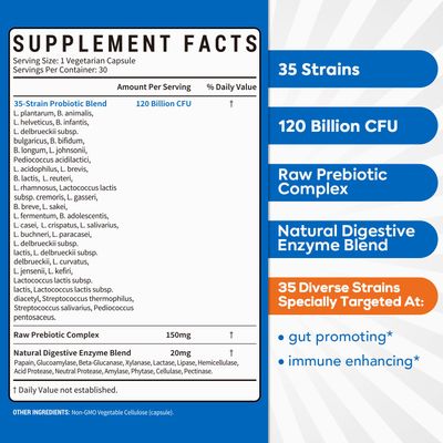 Surebounty Probiotics 120 Billion CFU, Probiotics for Men & Women, Prebiotics + Digestive Enzymes, Highest Potency, 3-in-1 Complete Probiotic, Digestive Support, 30 Caps