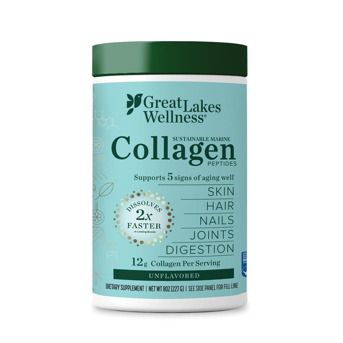 Great Lakes Wellness Sustainable Marine Collagen Peptides for Skin, Hair, Nails, Joints &amp; Digestion - Unflavored - Quick Dissolve Hydrolyzed, Wild Caught, MSC Certified, Non-GMO, Keto, Kosher - 8 oz