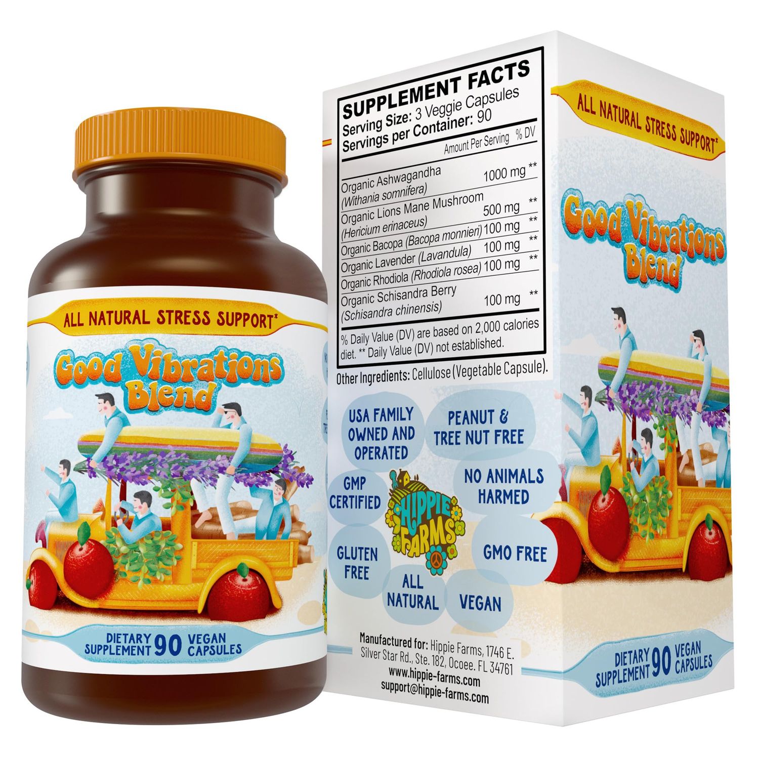 Hippie Farms Stress, Mood, Energy Support - Ashwagandha Root, Lion&#39;s Mane &amp; More - Good Vibrations Blend