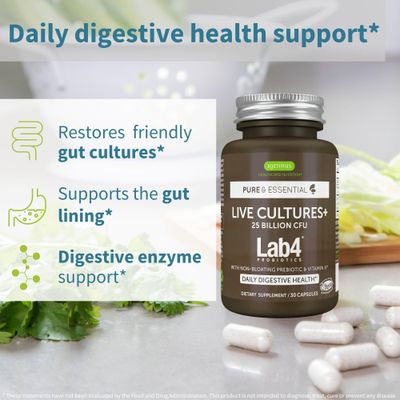 Live Cultures+ Lab4 Probiotics &amp; Prebiotic, Lactobacillus Acidophilus &amp; Bifidobacterium, Guaranteed 25 Billion CFU,Vegan, Non-Bloating Gut Health Support, Non-GMO, 30 Capsules, by Igennus