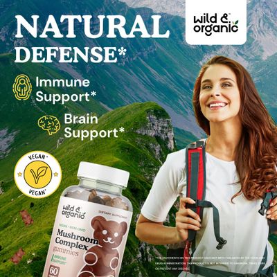 Wild & Organic Mushroom Gummies - Lion's Mane, Cordyceps, Turkey Tail, Reishi, Chaga, Maitake - 10 Mushroom Complex - Mushroom Supplement Gummies for Immune & Brain Support - 60 Count