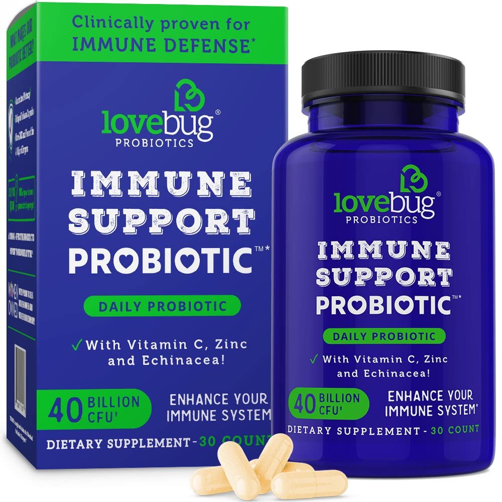 lovebug PROBIOTICS Immune Support Daily Probiotic for Men &amp; Women, 40 Billion CFU &amp; 6 Strains, Includes Vitamin C, Zinc &amp; Echinacea, 30 Capsules, Vegan &amp; Non-GMO