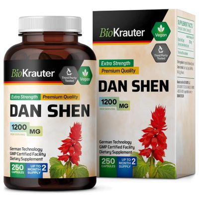 BIO KRAUTER Dan Shen Root Capsules - 1200 mg Strength - 250 Red Sage Caps - Antioxidant Source - Salvia Miltiorrhiza Root Capsules - Vegan